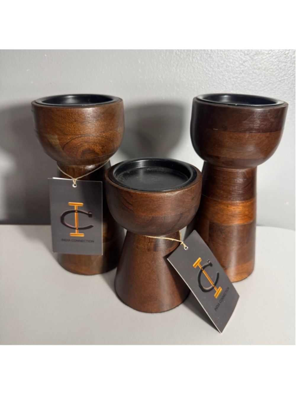 Set of 3 Dark “wood” Pillar Candle Holders India Connection Brown Black